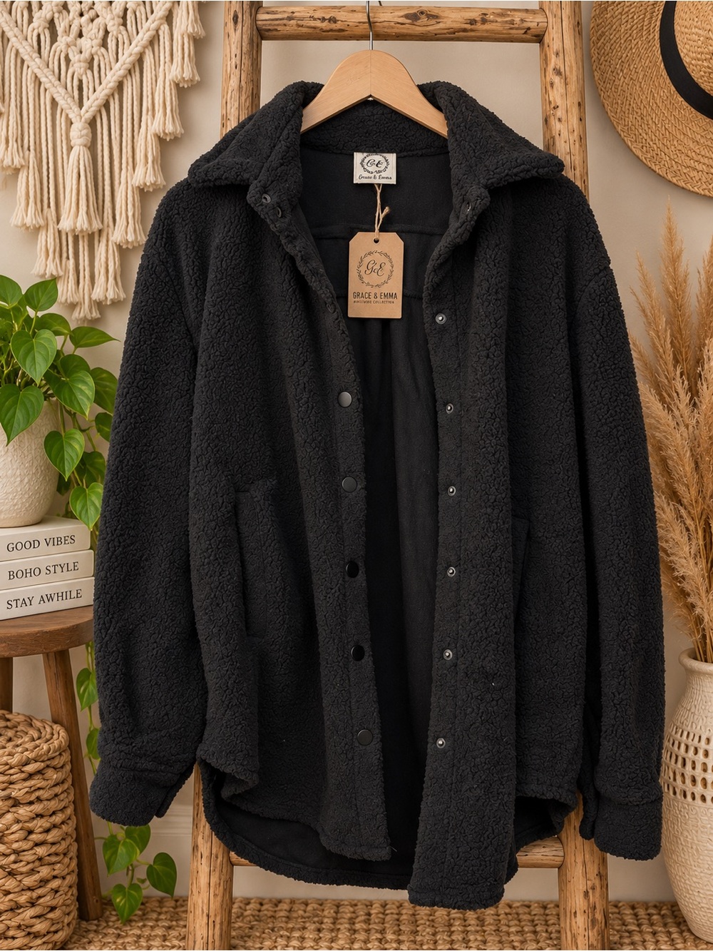 Southern Grace Black Teddy Sherpa Button-Up Jacket
